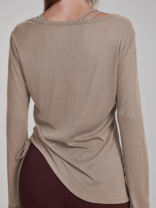 Asymmetric Ruched Tie Long Sleeve Top