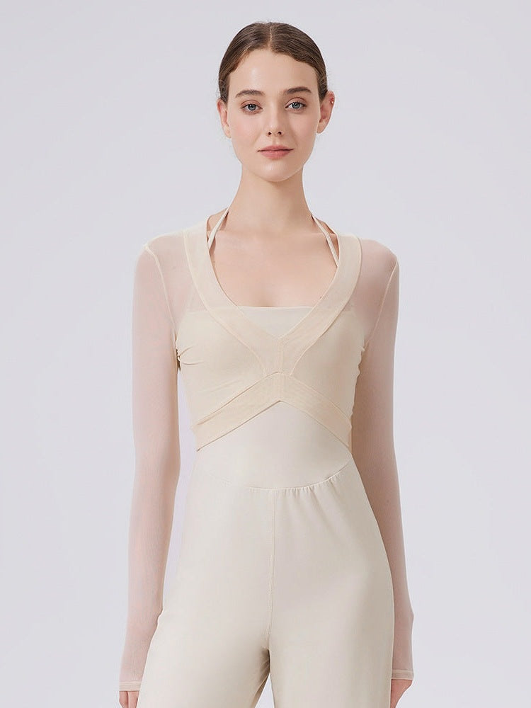 بلوزة قصيرة شبكية بأكمام طويلة