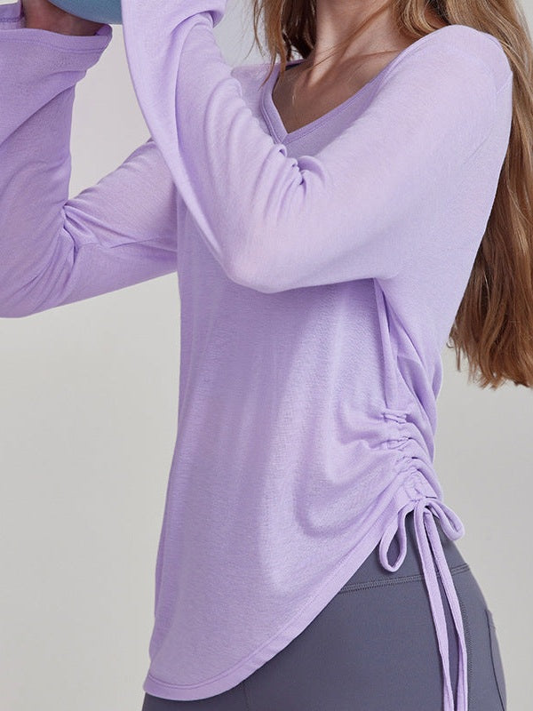 Asymmetric Ruched Tie Long Sleeve Top