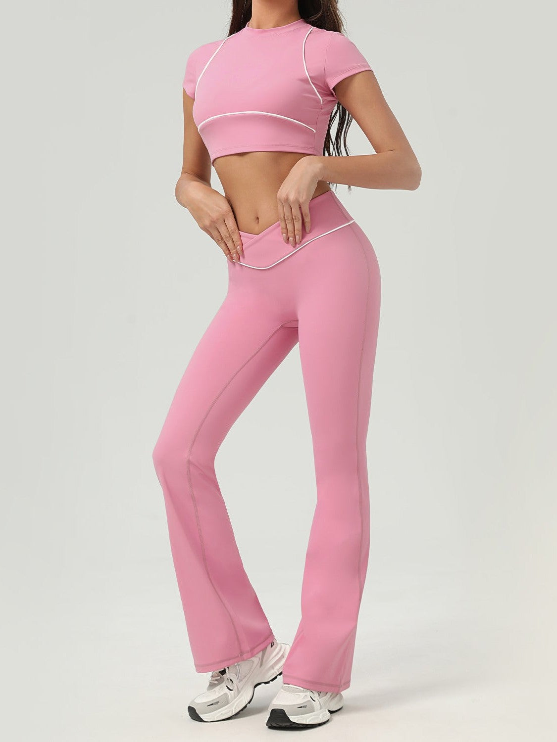 Pink Short Sleeve Bell-Bottom Pants