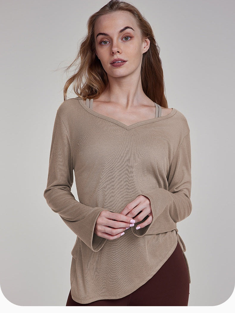 Asymmetric Ruched Tie Long Sleeve Top