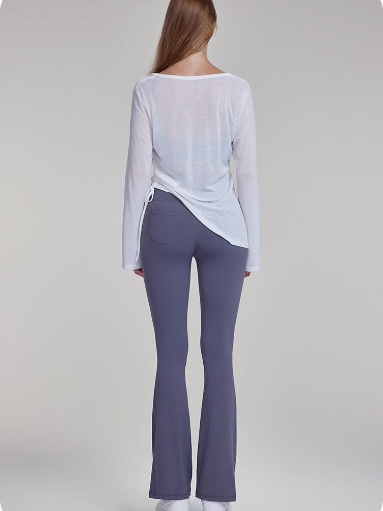 Asymmetric Ruched Tie Long Sleeve Top