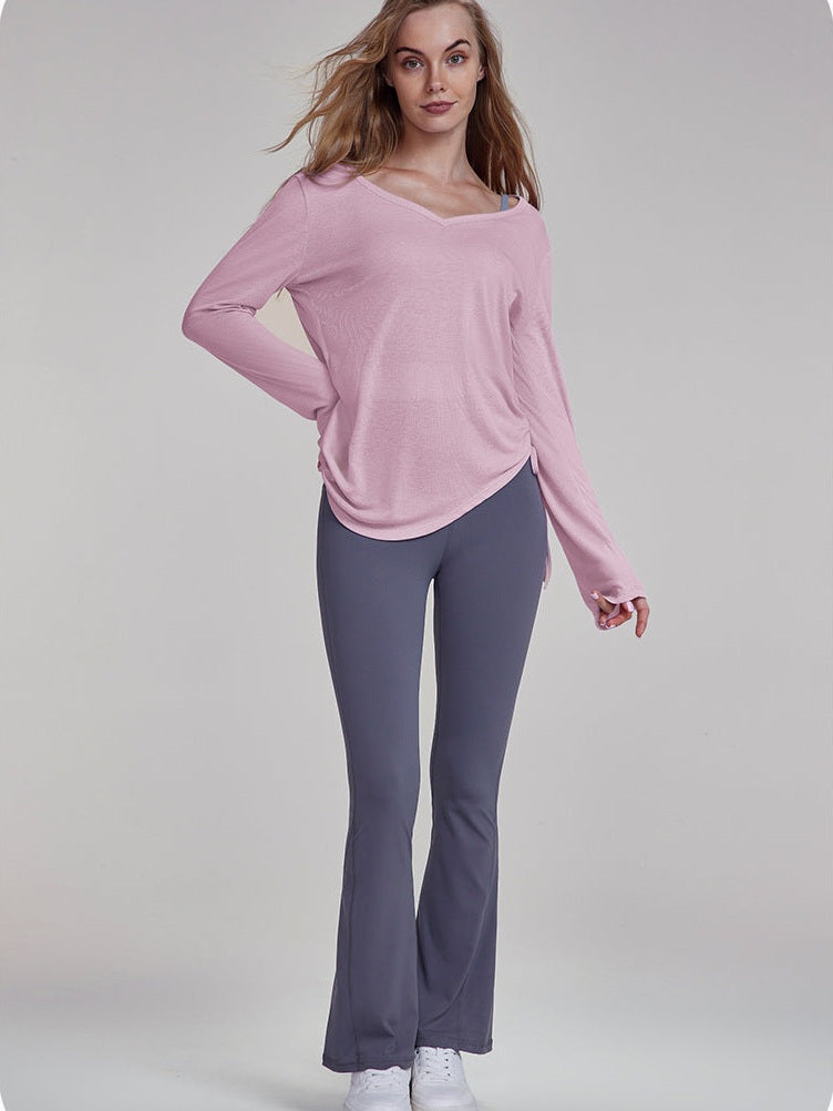 Asymmetric Ruched Tie Long Sleeve Top